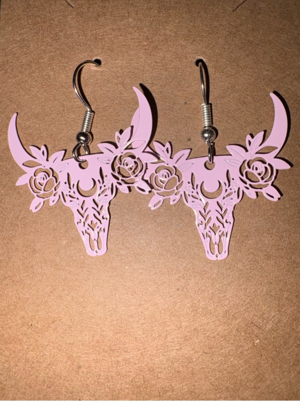 Fashion Jewelry Lilac Bull Skull Floral Dangle Earrings